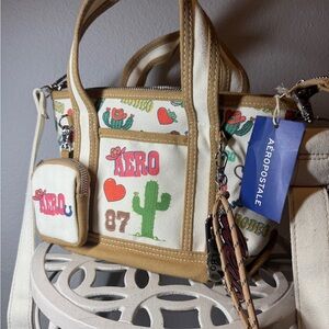 NWT Aeropostale Cactus Print Satchel in Tan and Cream